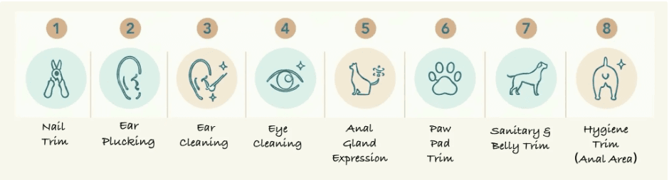 Eight bathing service add-ons: nail trim, ear plucking, ear cleaning, eye cleaning, anal gland expression, paw pad trim, sanitary and belly trim, and hygiene trim.